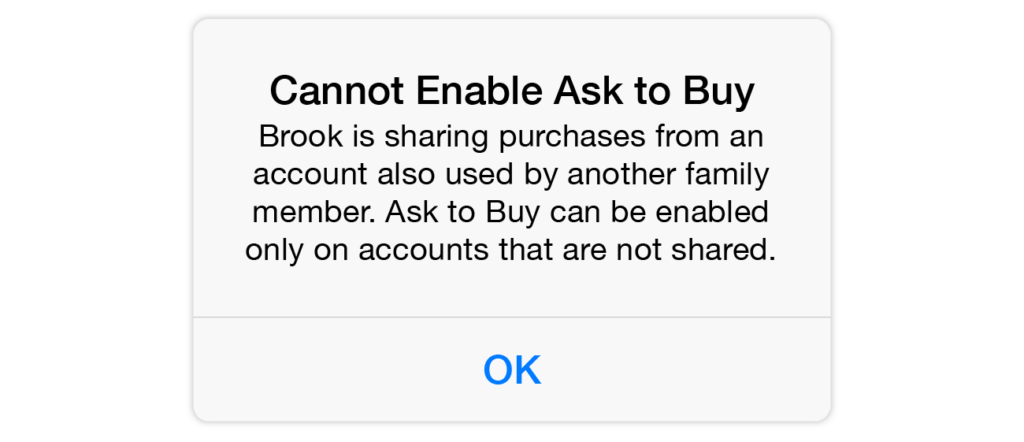 Cannot Enable Ask to Buy alert message