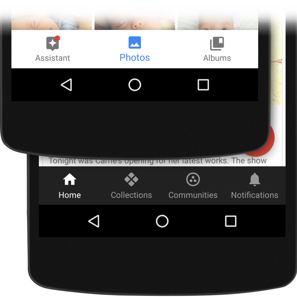 Google+ and Google Photos Bottom Bar examples