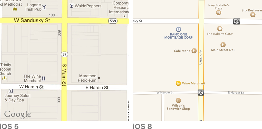 iOS 5 and iOS 8 Maps app iconography
