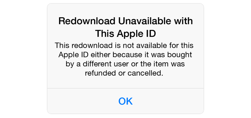 Redownload Unavailable with This Apple ID alert message