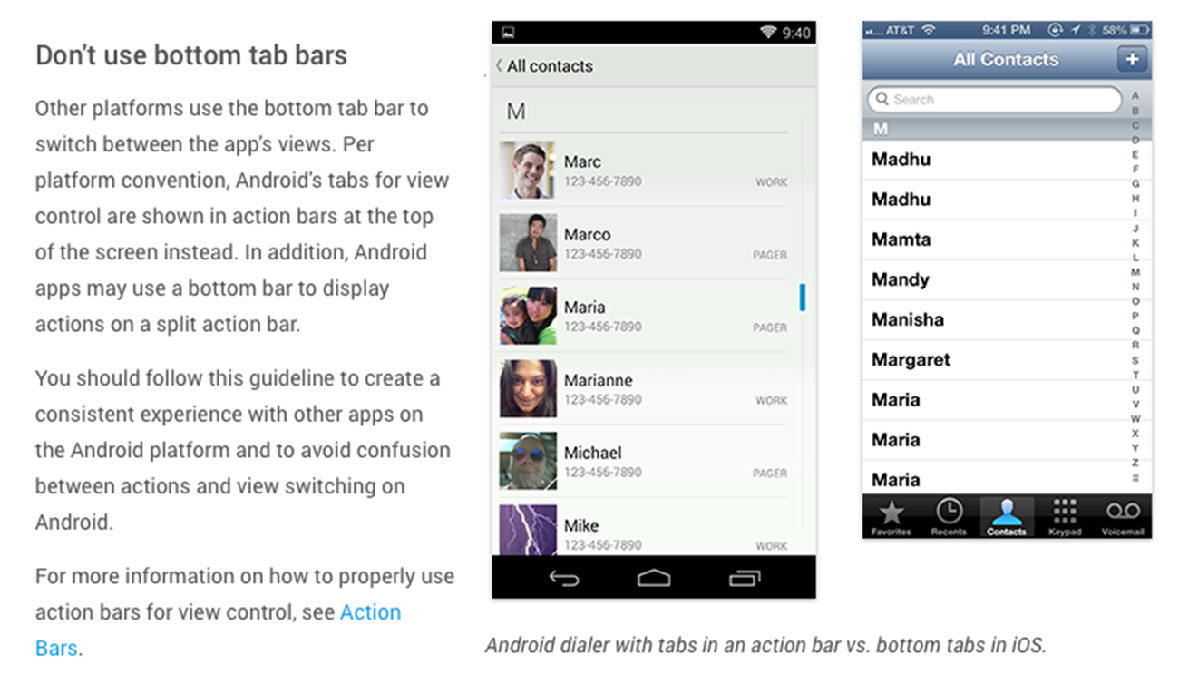 Previous Android guidelines recommending against using bottom tab bars