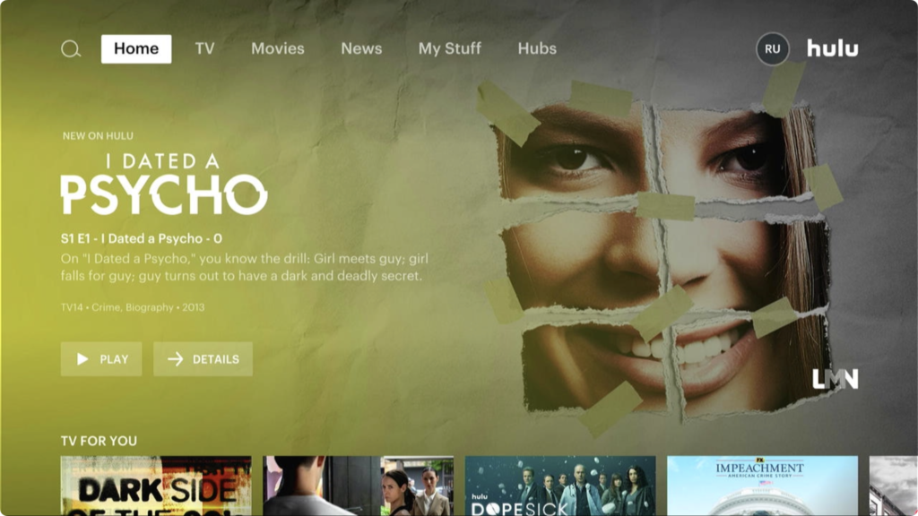 A screenshot of the Hulu TV app's top navigation menu.