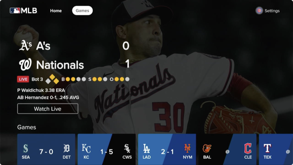 A screenshot of the MLB TV app's Home section demonstrating the difference between active and focus states for the main menu.