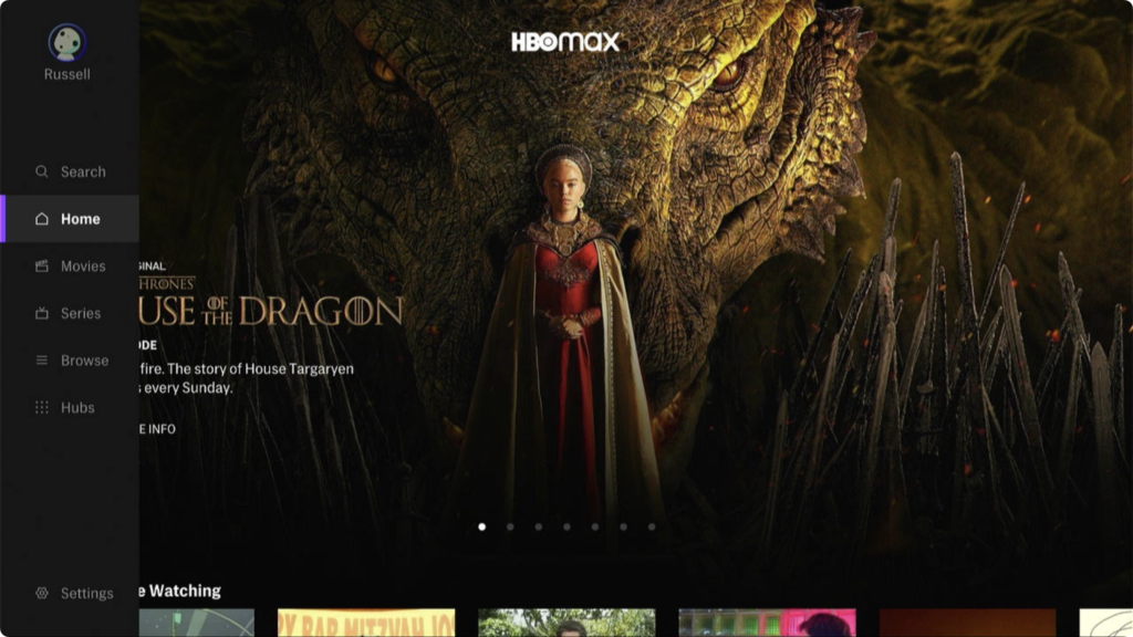 A screenshot of the HBO Max Home section with the menu open.