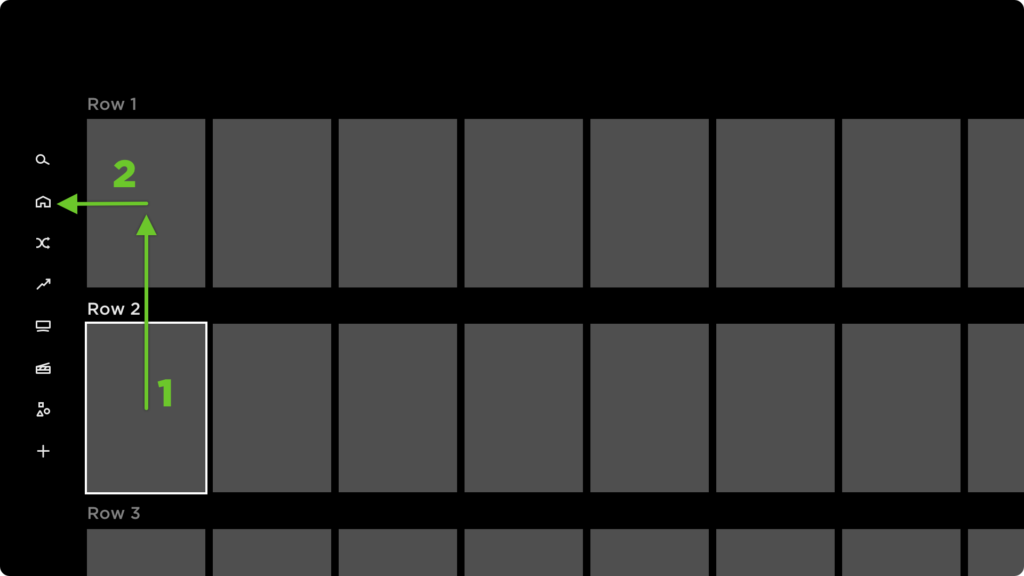 An illustration showing the preferred "up and over" navigation behavior when the focus state in each row is locked to the first item.