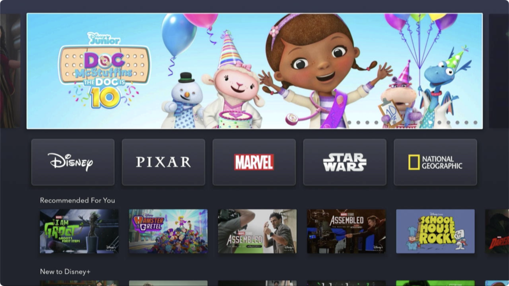 A screenshot of the Disney+ app's Home section with their featured content carousel promoting Doc McStuffins.